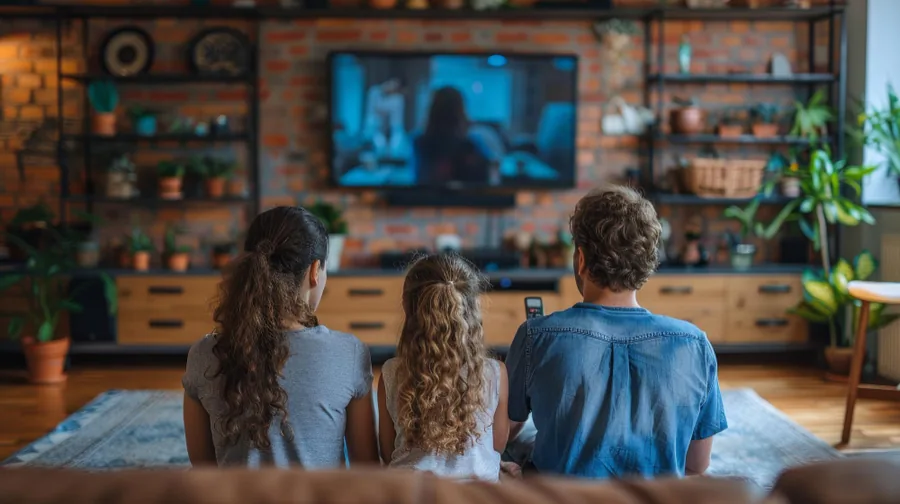 Family watching TV package entertainment at home